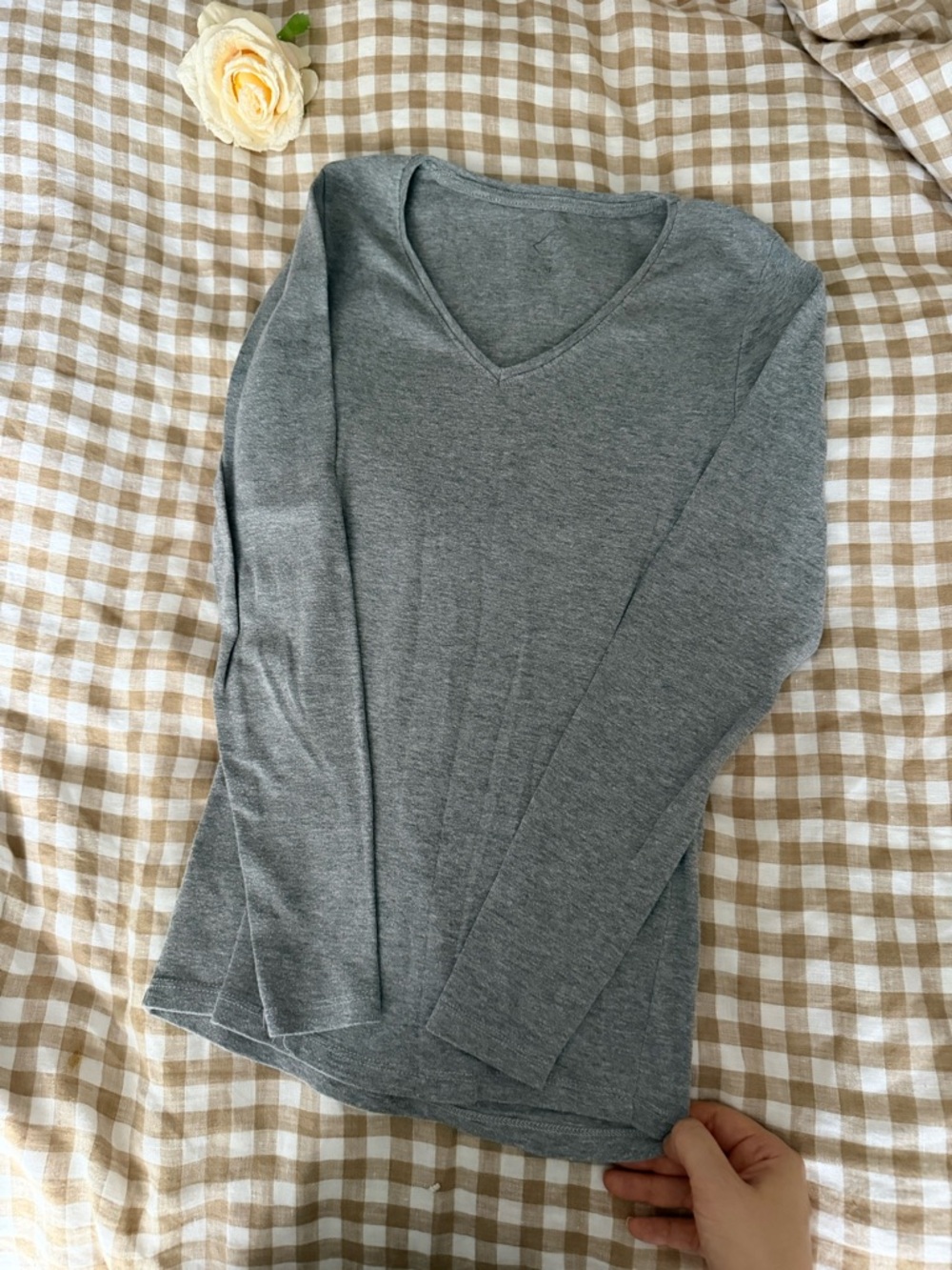 Grey V-Neck Long Sleeve Top